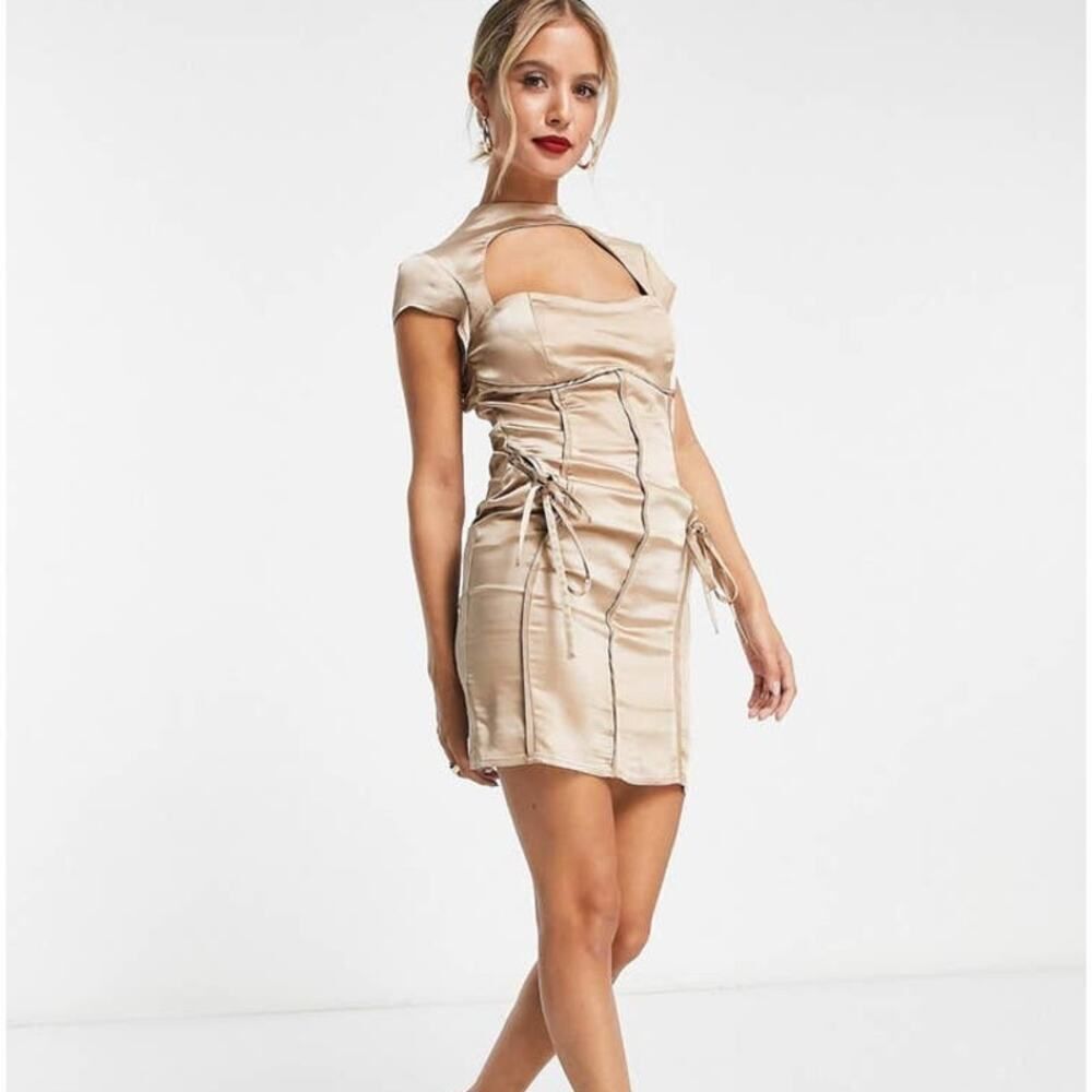 ASOS DESIGN Mini Dress Women's 4 Gold Satin High Neck Seamed Lace-Up NWT